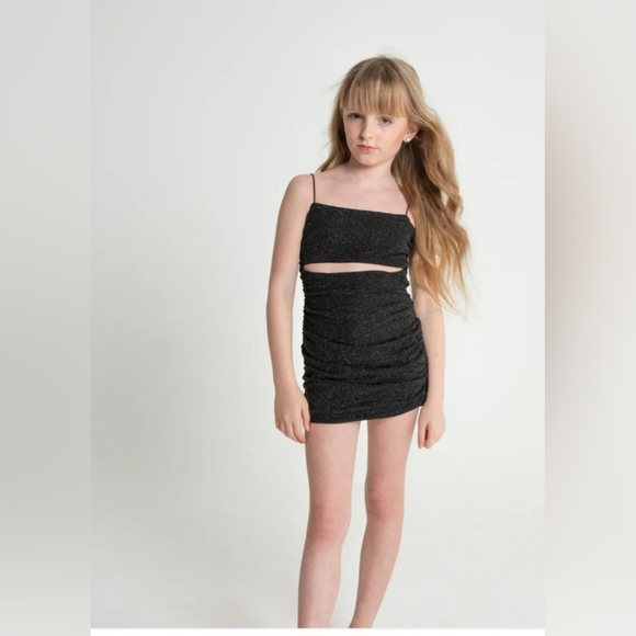NWT Theme NYC Liv Mini Dress Girl's M Sparkle Ruched Cut Out Sleeveless Square - Picture 1 of 11